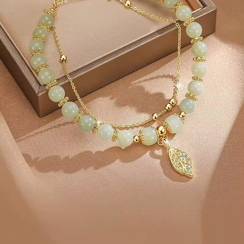 Accessories For Women Imitation Jade Beaded Bracelet Leaves Double Layer Chain Girls Wedding Party Jewelry Gift