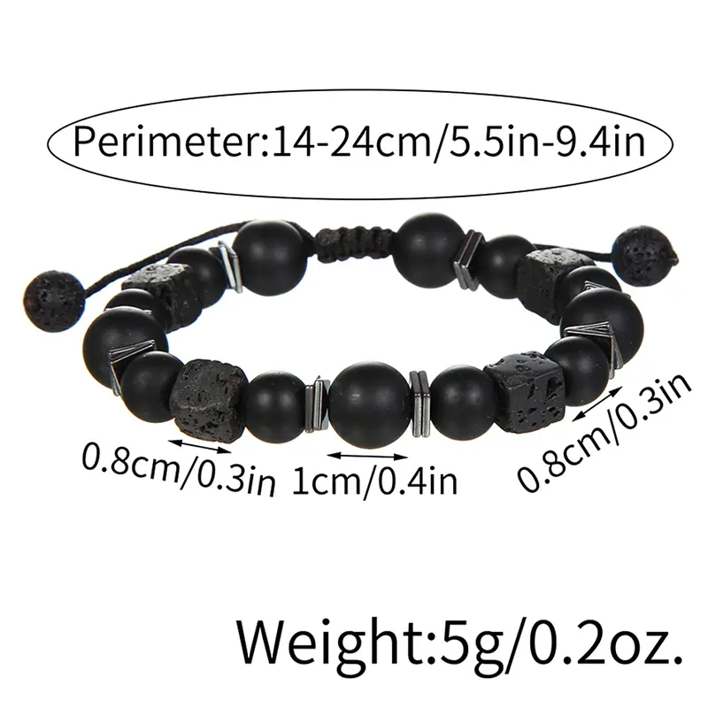 Black Bracelet Lava Square Volcanic Stone Men's Matte Glass Beads Adjustable Charm