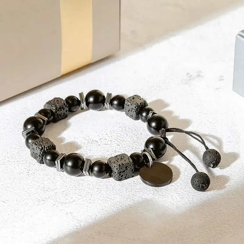 Black Bracelet Lava Square Volcanic Stone Men's Matte Glass Beads Adjustable Charm