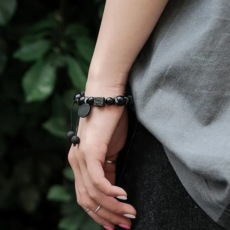 Black Bracelet Lava Square Volcanic Stone Men's Matte Glass Beads Adjustable Charm