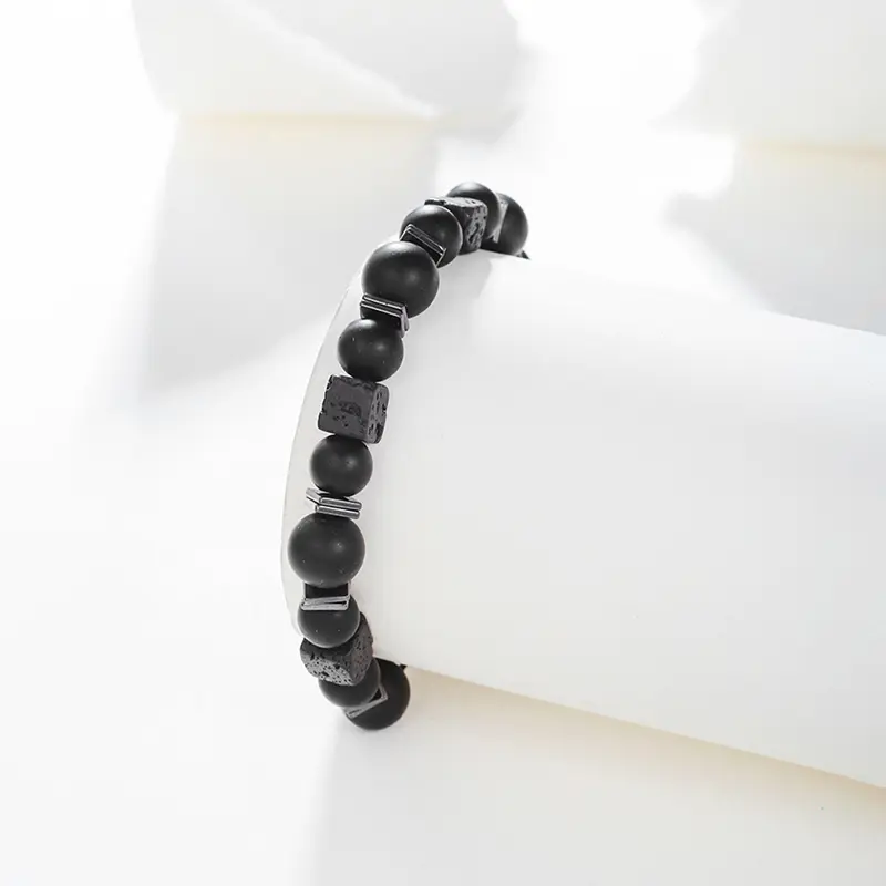 Black Bracelet Lava Square Volcanic Stone Men's Matte Glass Beads Adjustable Charm