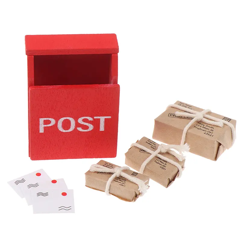 1 Set 1:12 Dollhouse Miniature Red Wooden Mailbox Paper Letter Box With Mail Sack Postcard Furniture Fairy Garden Toy