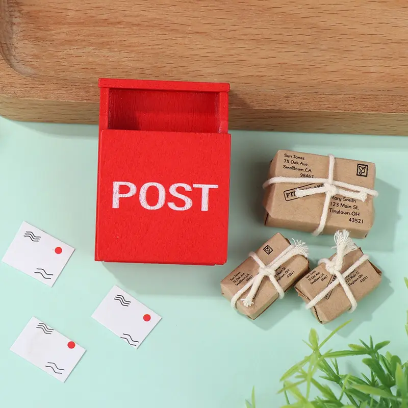 1 Set 1:12 Dollhouse Miniature Red Wooden Mailbox Paper Letter Box With Mail Sack Postcard Furniture Fairy Garden Toy