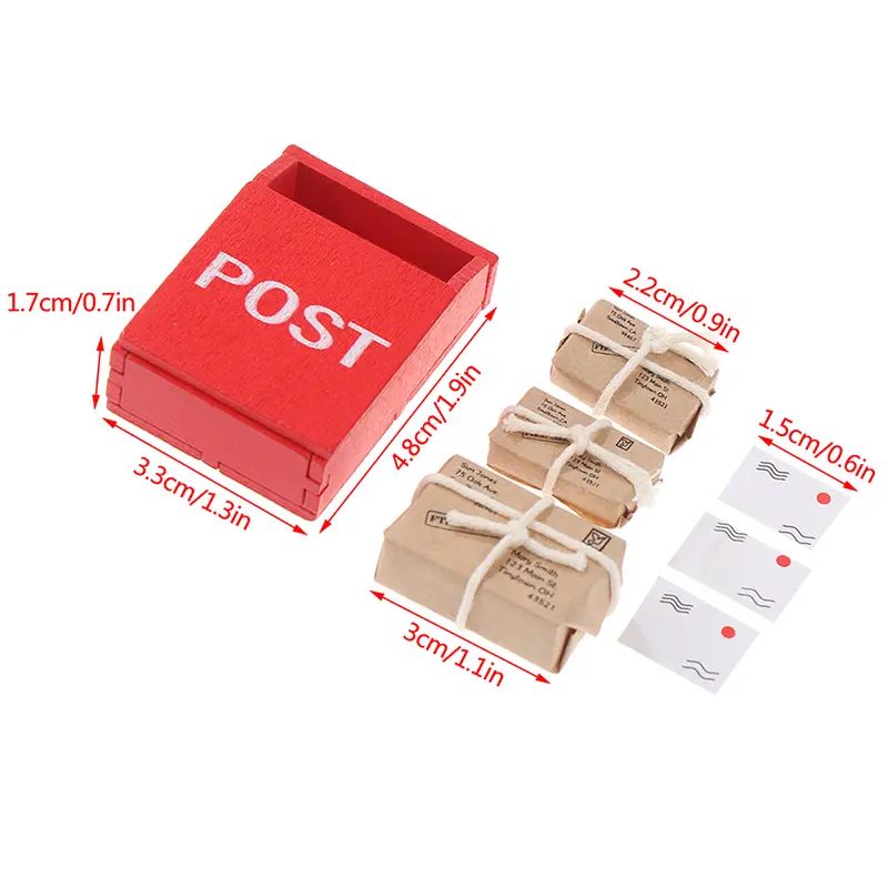 1 Set 1:12 Dollhouse Miniature Red Wooden Mailbox Paper Letter Box With Mail Sack Postcard Furniture Fairy Garden Toy