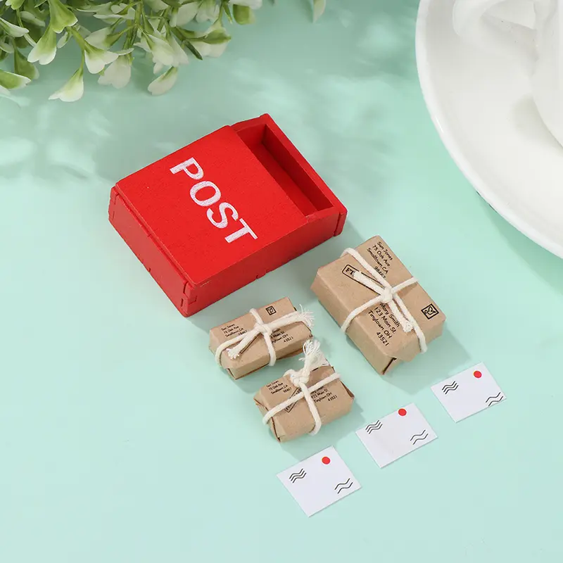 1 Set 1:12 Dollhouse Miniature Red Wooden Mailbox Paper Letter Box With Mail Sack Postcard Furniture Fairy Garden Toy