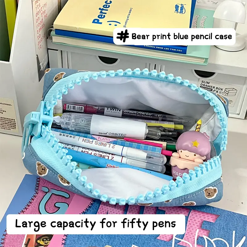 1PC Pencil Case High Capacity Color Fashion Modern Minimalist Stationery Box Blue Print Smooth Thickened Edging Little Bear