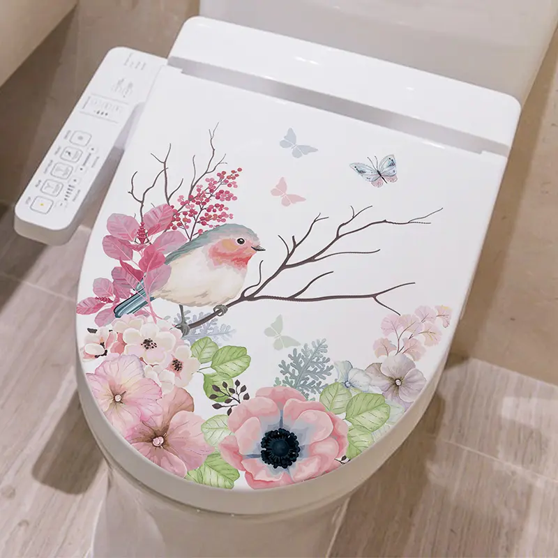 Branches Flying Birds Flowers Toilet Seat Cover Stickers Bathroom Creative Waterproof Removable