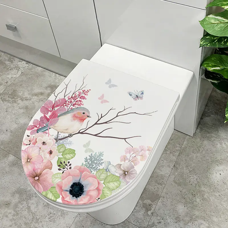 Branches Flying Birds Flowers Toilet Seat Cover Stickers Bathroom Creative Waterproof Removable