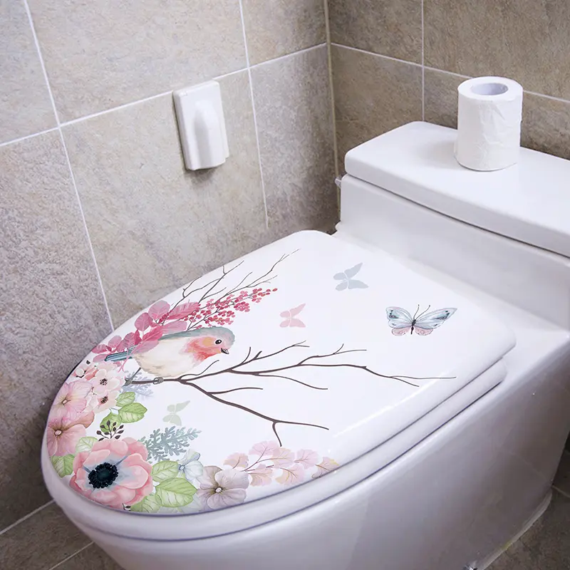 Branches Flying Birds Flowers Toilet Seat Cover Stickers Bathroom Creative Waterproof Removable