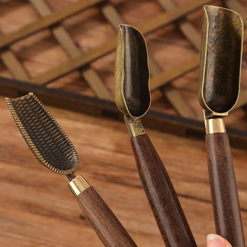 1 Pc Sandalwood Handle Alloy Teaspoon Small Tea Scoop Kung Fu Ceremony Accessories