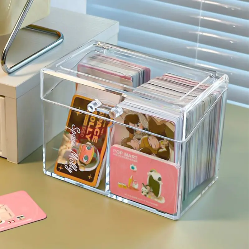 Flip Lid Game Card Organizer With 2 Compartments Acrylic Transparent Holder Postcards Case Empty Storage Box 12x10.5cm