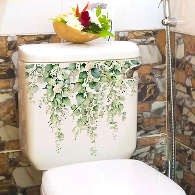 Removable Green Plant Leaves Bathroom Toilet Sticker Living Room Cabinet Home Decoration Decals PVC Adhesive Mural Wall