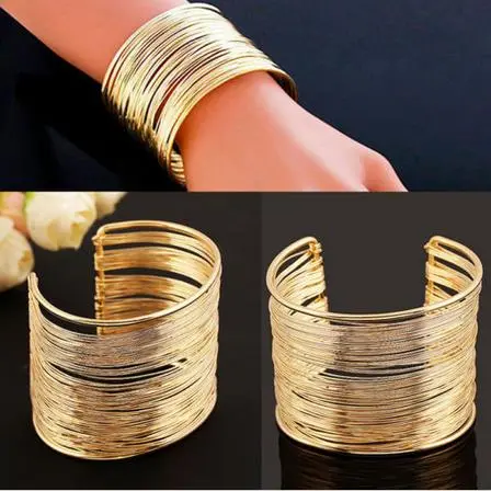 Punk Multilayer Strings Bracelet Zinc Alloy Wire Opening Cuff Bangle For Women Glittering Wrap  Open
