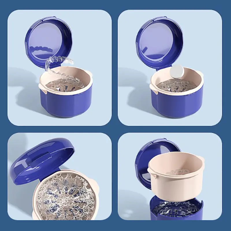 Oral Orthodontic Retainer Cleaning Case Denture Bath Box With Strainer Double Layer Braces Storage Soaking Container