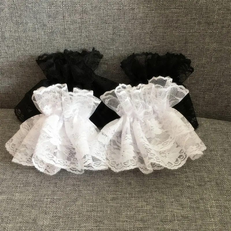 Lolita Hand Sleeve Wrist Cuffs Ruffled Floral Black Lace Elastic Bracelet Elegant Ladies Short Gloves Halloween