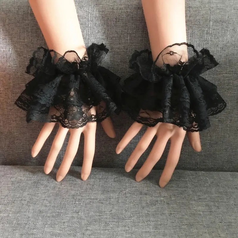 Lolita Hand Sleeve Wrist Cuffs Ruffled Floral Black Lace Elastic Bracelet Elegant Ladies Short Gloves Halloween