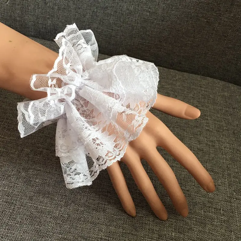 Lolita Hand Sleeve Wrist Cuffs Ruffled Floral Black Lace Elastic Bracelet Elegant Ladies Short Gloves Halloween
