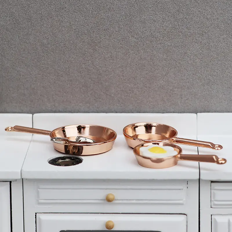 3pcs/Set 1:12 Dollhouse Miniature Metal Frying Pan Casserole Cookware Kitchen Model Decor Toy Doll House Accessories