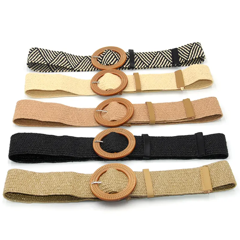 Summer Women Elastic Belt Round Buckle Vintage Boho Straw Woven Dress