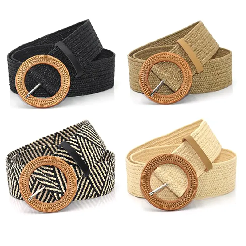 Summer Women Elastic Belt Round Buckle Vintage Boho Straw Woven Dress