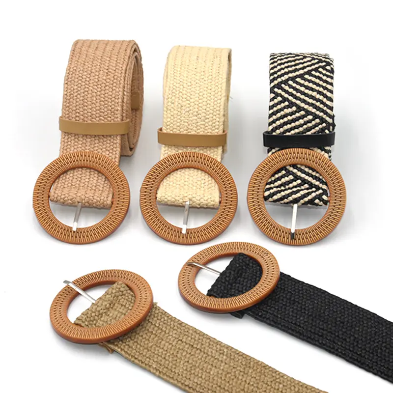 Summer Women Elastic Belt Round Buckle Vintage Boho Straw Woven Dress