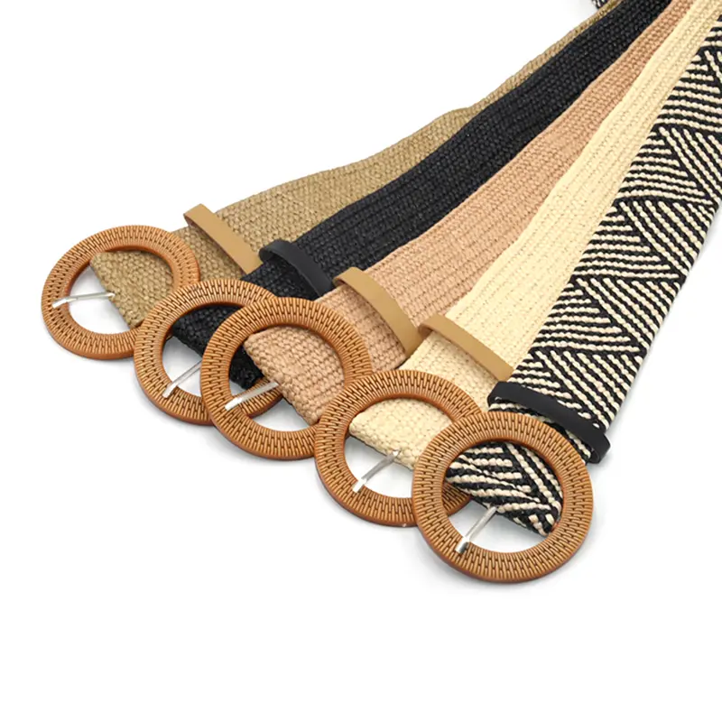 Summer Women Elastic Belt Round Buckle Vintage Boho Straw Woven Dress