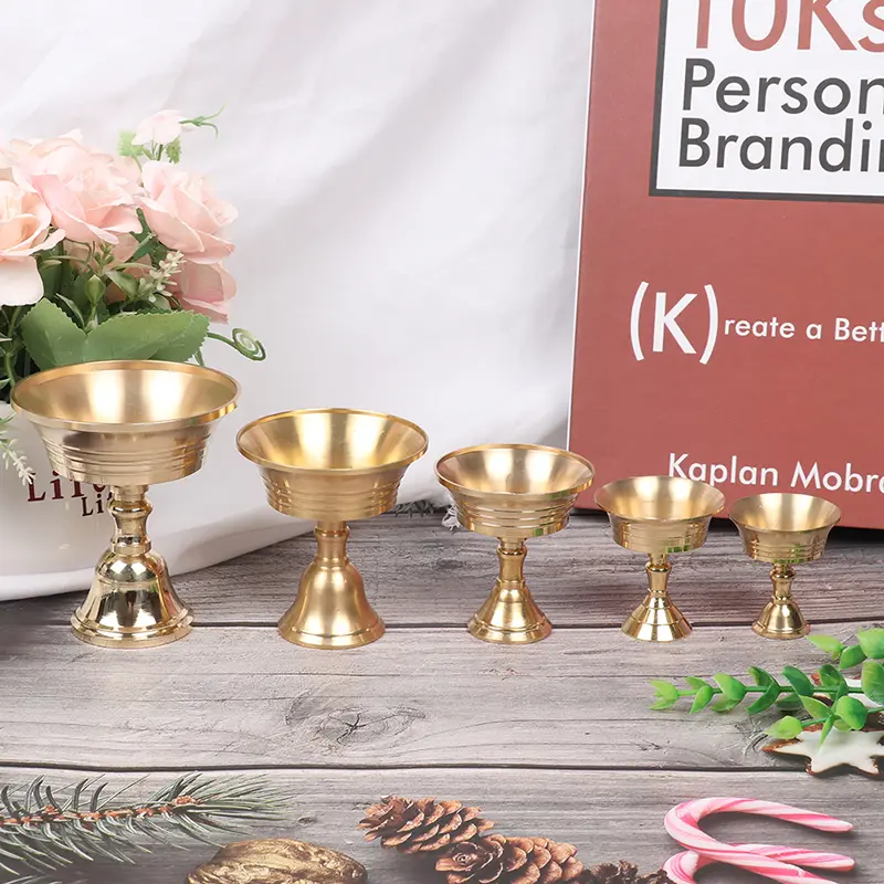 Buddhist Ghee Lamp Golden Copper Alloy Oil Holder Candlestick Home Decor Ornament