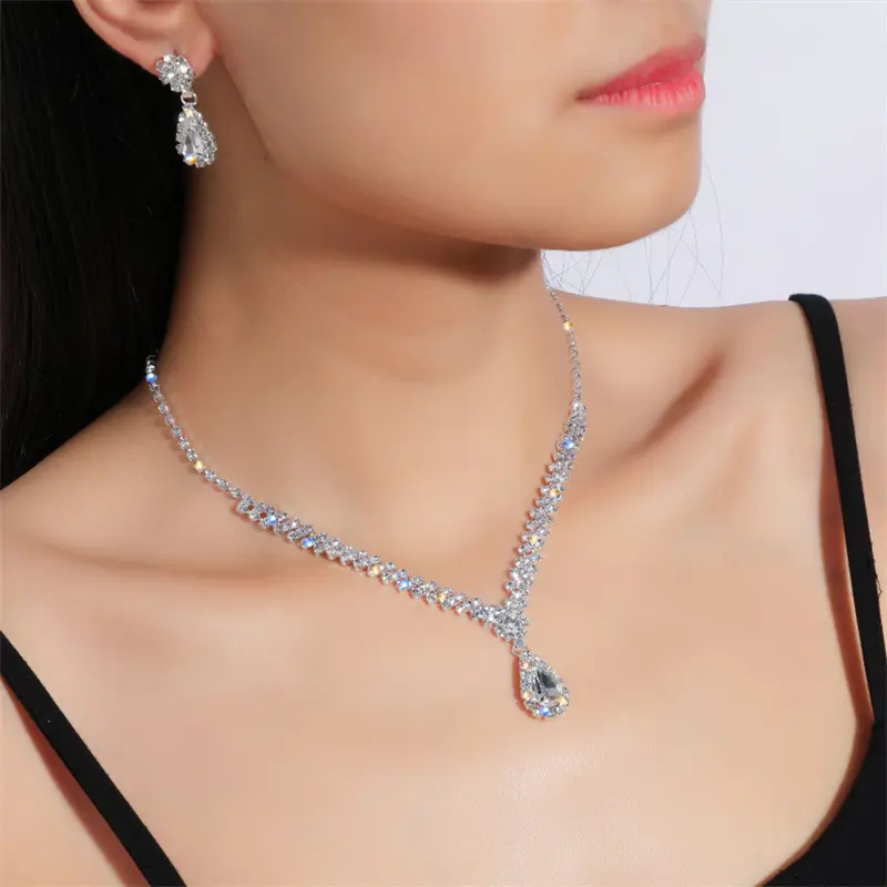 Bridal Necklace Earrings Teardrop Rhinestone Jewellery Style Sparkling Set Bride Wedding