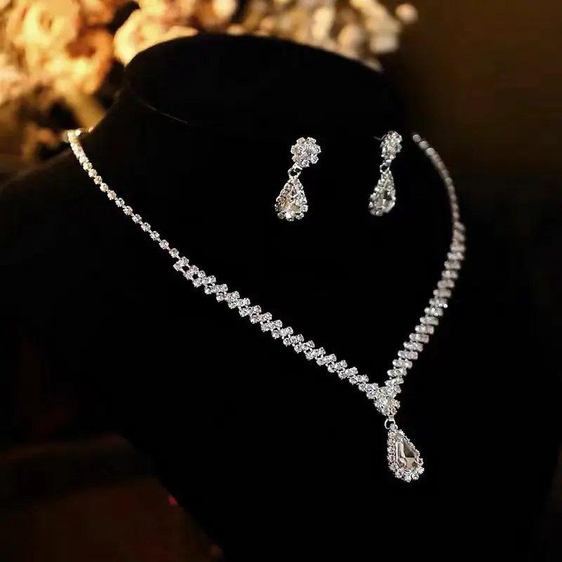 Bridal Necklace Earrings Teardrop Rhinestone Jewellery Style Sparkling Set Bride Wedding