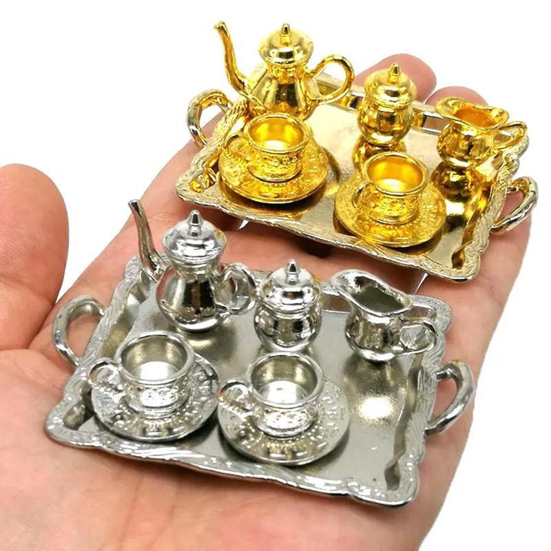 10Pcs/set 1: 12 Dollhouse Miniature Metal Dining Tableware for Dolls Teaport Tea Cup Tray Plate Set