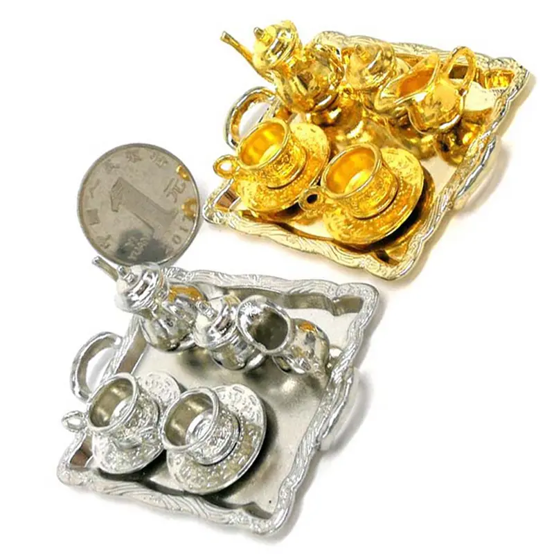 10Pcs/set 1: 12 Dollhouse Miniature Metal Dining Tableware for Dolls Teaport Tea Cup Tray Plate Set