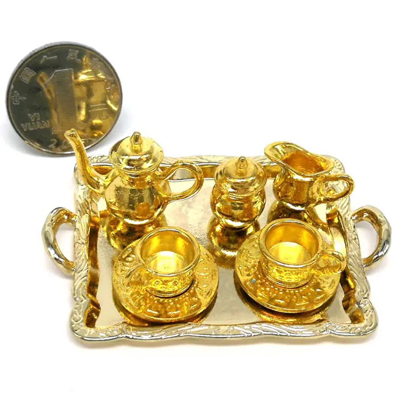 10Pcs/set 1: 12 Dollhouse Miniature Metal Dining Tableware for Dolls Teaport Tea Cup Tray Plate Set