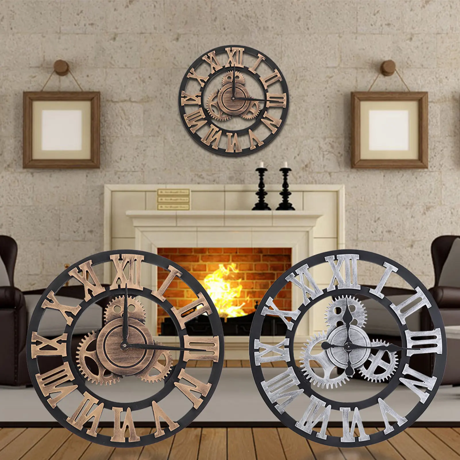 3D Rustic Handmade Wall Clock Large Gear Wooden Vintage Decor for Living Room/Office/ 3D Vintage Wall Clock Rustic Wall Clock