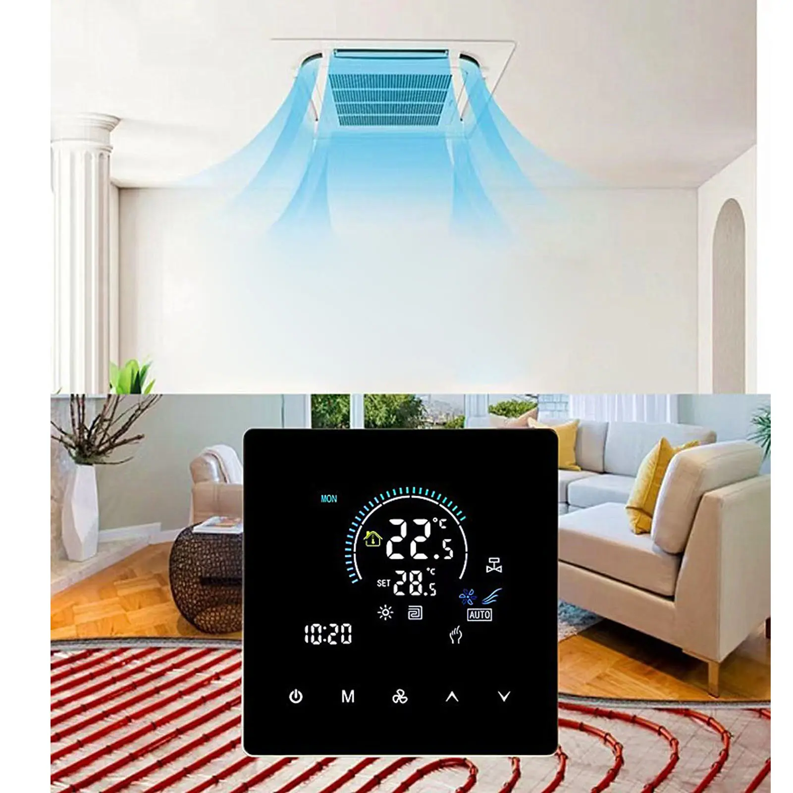 Air Conditioning Floor Heating Thermostat IP20 Touchscreen Color Display WiFi Smart Programmable for Fan Coil 5-60℃ Thermostat