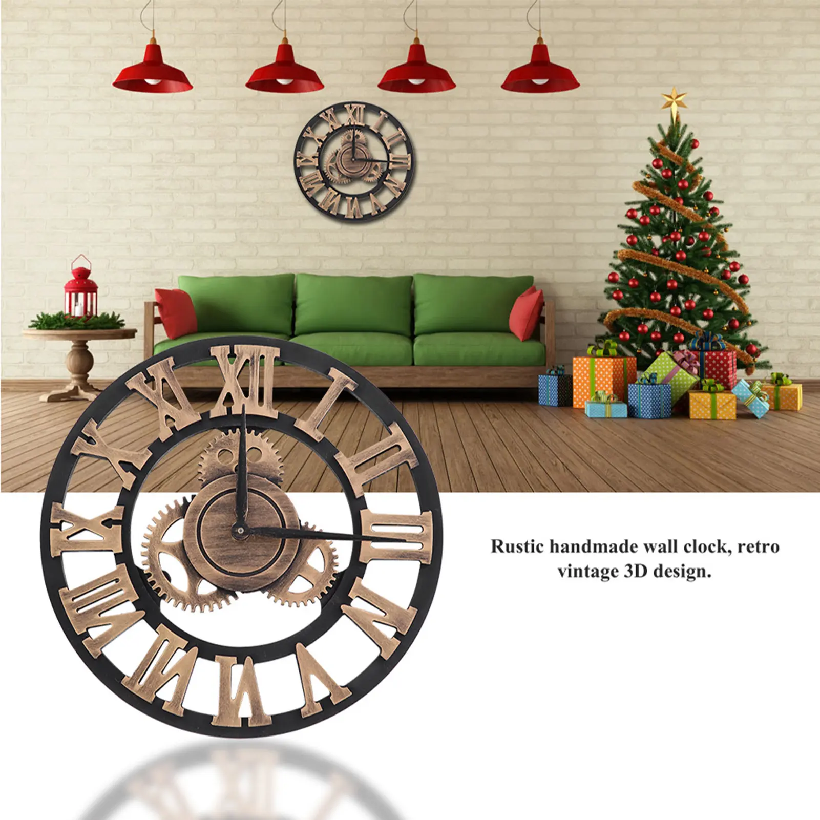 3D Rustic Handmade Wall Clock Large Gear Wooden Vintage Decor for Living Room/Office/ 3D Vintage Wall Clock Rustic Wall Clock