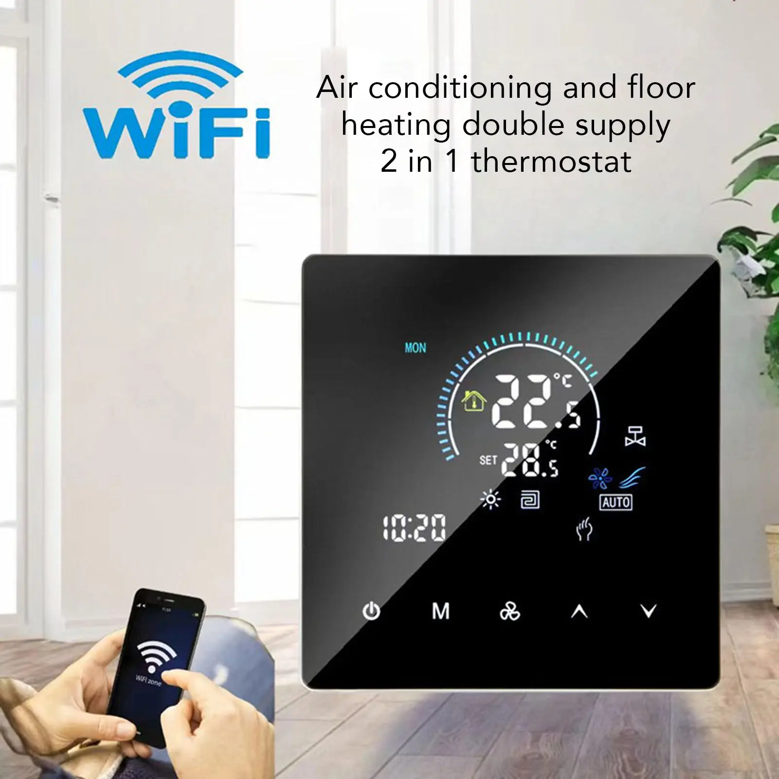 Air Conditioning Floor Heating Thermostat IP20 Touchscreen Color Display WiFi Smart Programmable for Fan Coil 5-60℃ Thermostat