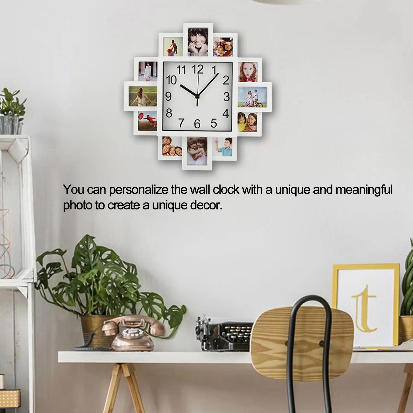 15.35in White Photo Frame Wall Clock  Multi Photo Personalized Clock for Home Decor  Frame Clock Picture Frame Wall Clock
