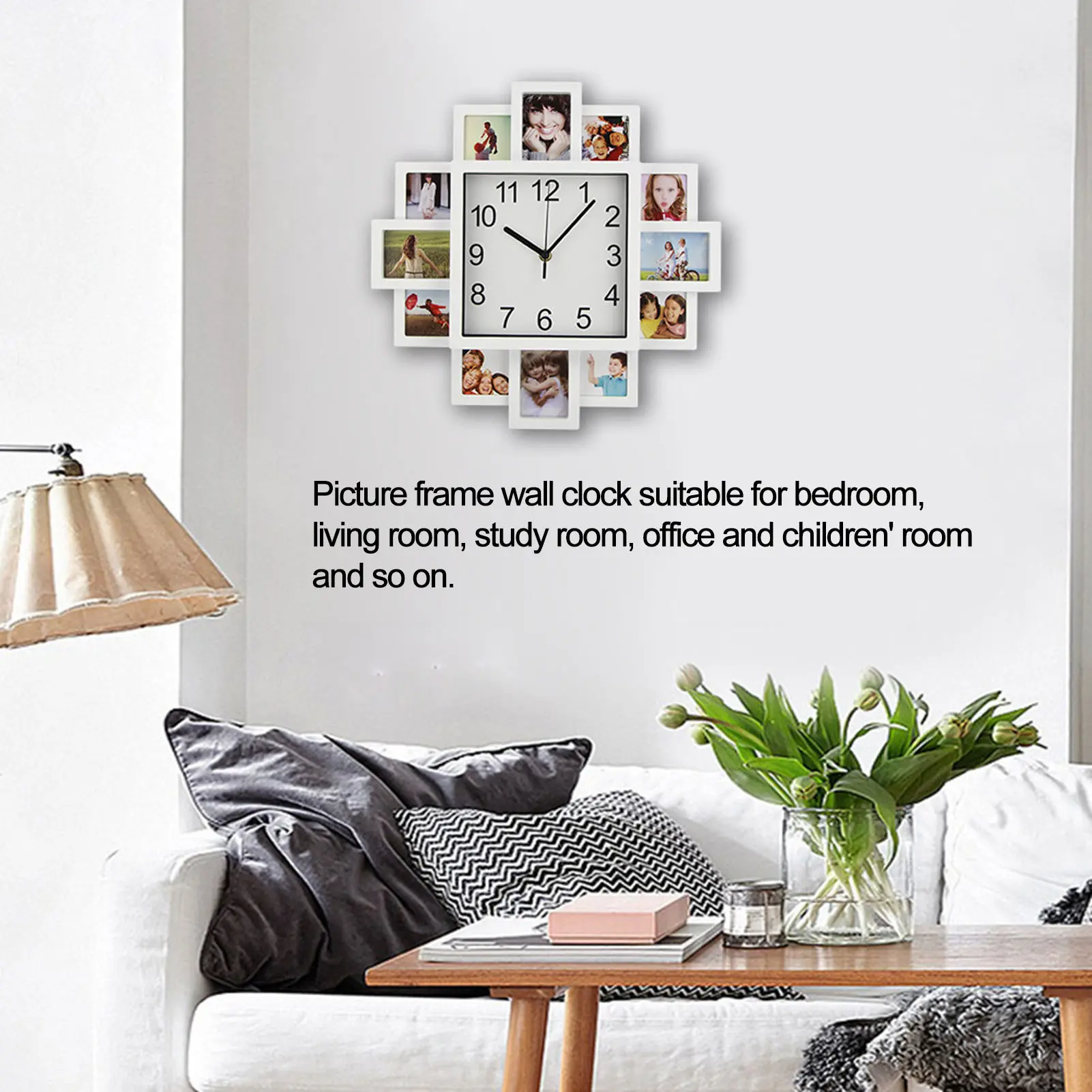 15.35in White Photo Frame Wall Clock  Multi Photo Personalized Clock for Home Decor  Frame Clock Picture Frame Wall Clock