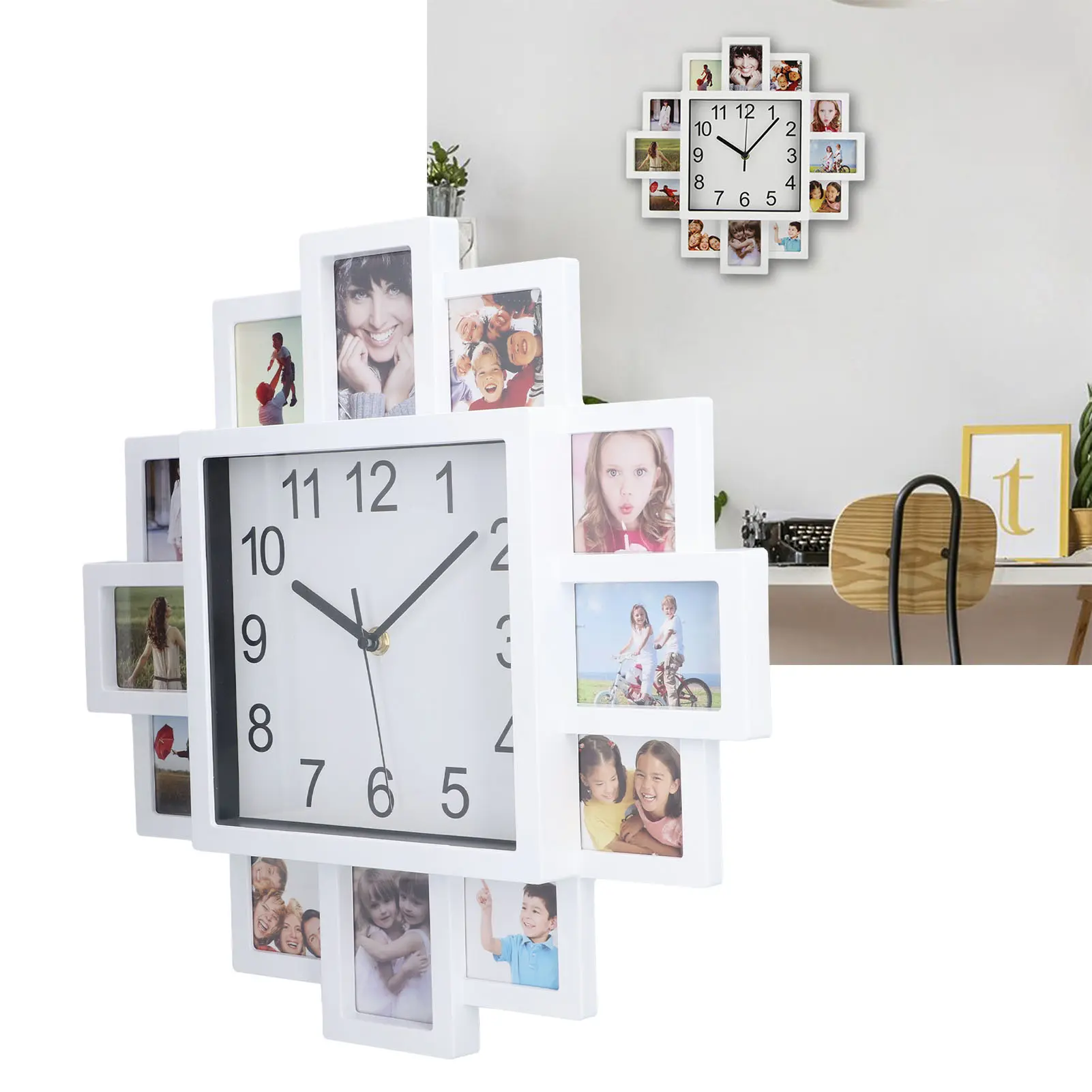 15.35in White Photo Frame Wall Clock  Multi Photo Personalized Clock for Home Decor  Frame Clock Picture Frame Wall Clock