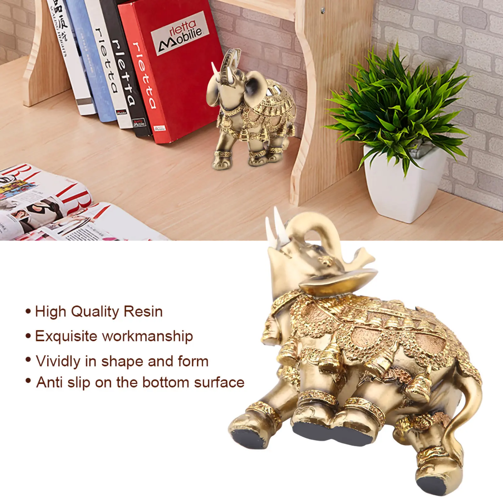 Elephant Statue Lucky Feng Shui Golden Elephant Statue Sculpture Wealth Figurine Gift Home Decoration Feng Shui Elephant Statue