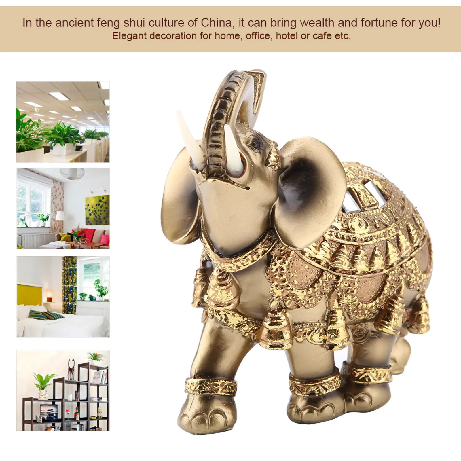 Elephant Statue Lucky Feng Shui Golden Elephant Statue Sculpture Wealth Figurine Gift Home Decoration Feng Shui Elephant Statue
