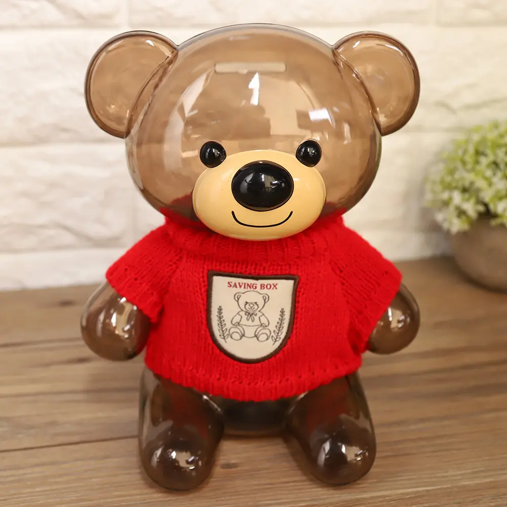 Child Gift Children  Piggy Bank Money Box Cartoon Clothes Bear Plastic Transparent Cute Bear Piggy Bank  Box Saving Box