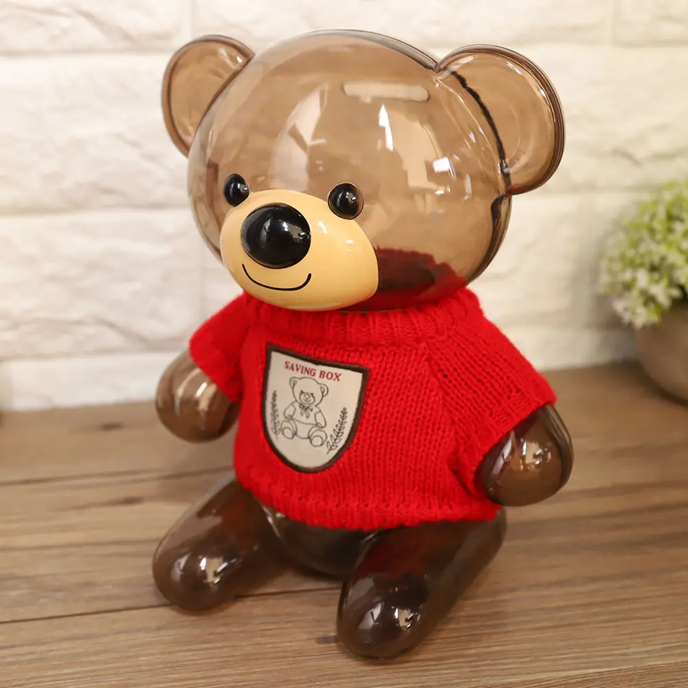 Child Gift Children  Piggy Bank Money Box Cartoon Clothes Bear Plastic Transparent Cute Bear Piggy Bank  Box Saving Box