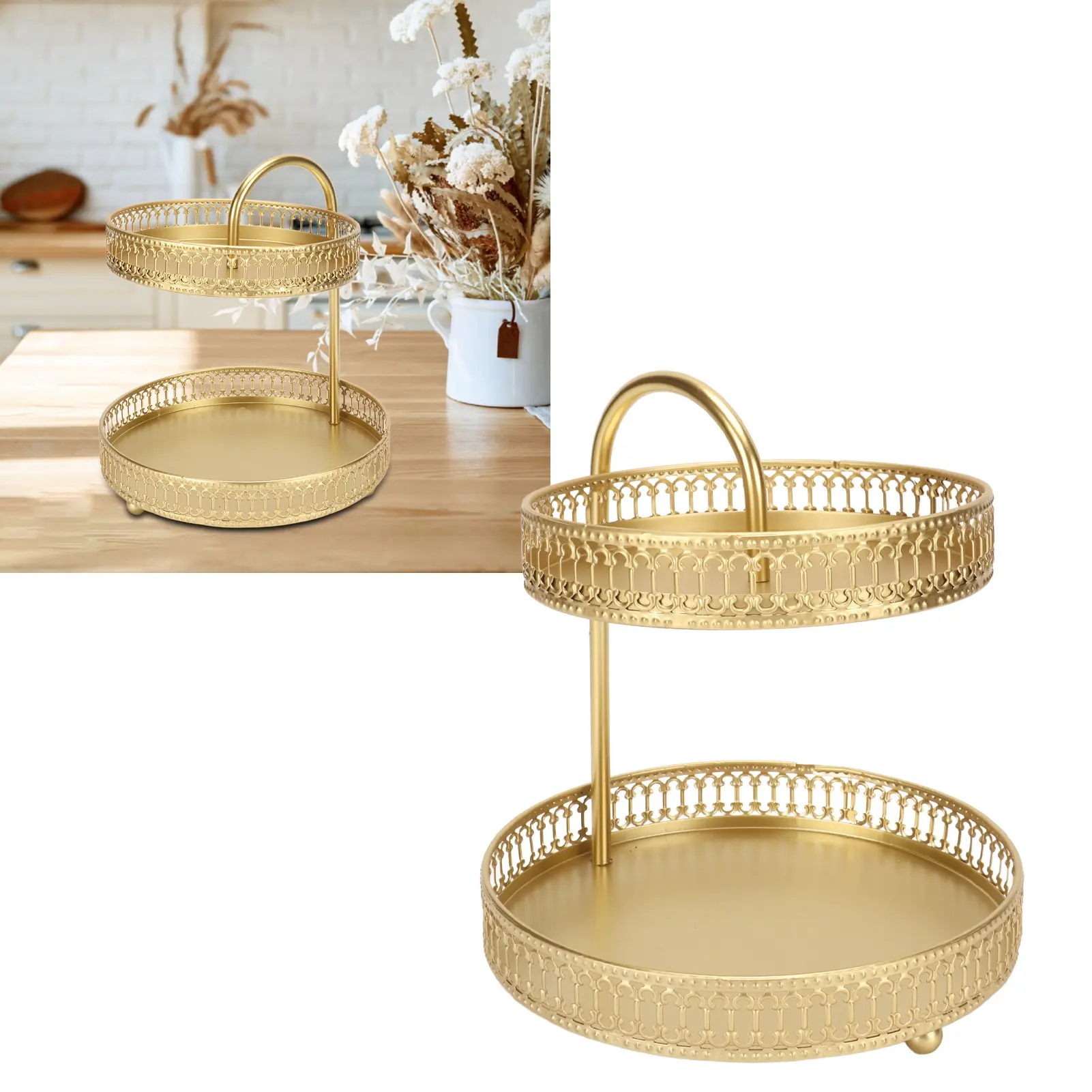 2 Tier Fruit Tray Gold Elegant Large Capacity Decorative Multi Purpose Cupcake Stand for Home Party Kitchen Fruit Serving Tray