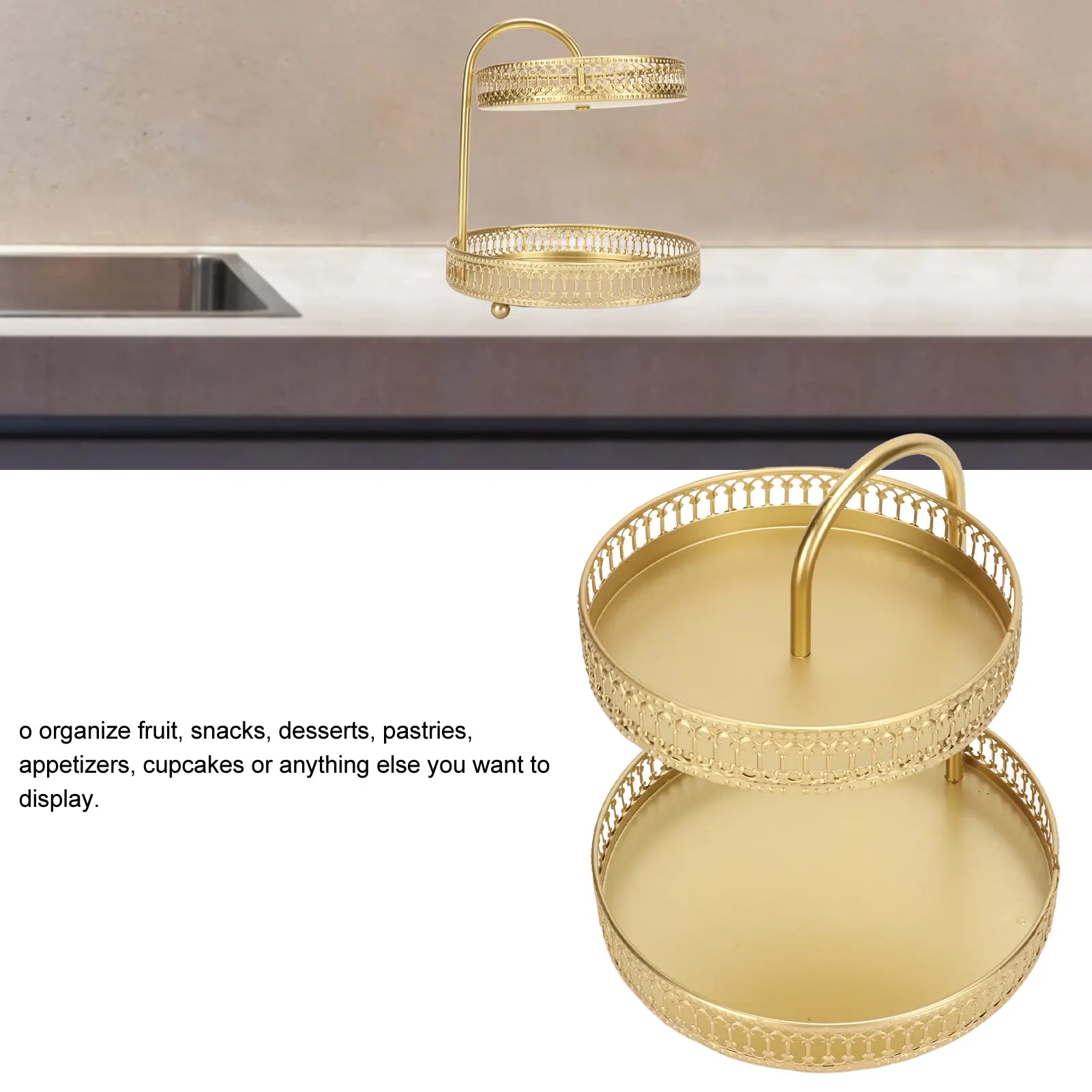 2 Tier Fruit Tray Gold Elegant Large Capacity Decorative Multi Purpose Cupcake Stand for Home Party Kitchen Fruit Serving Tray