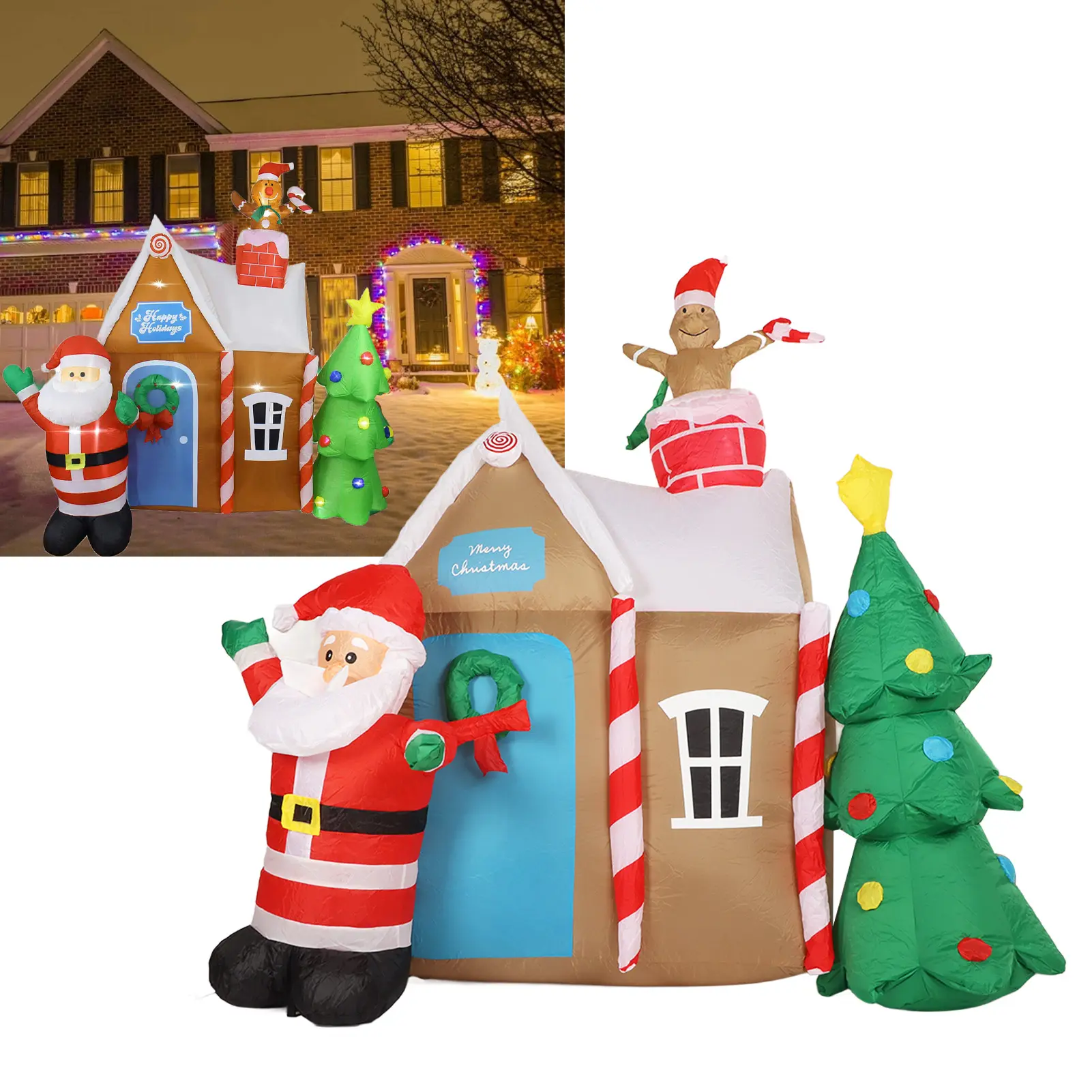 Christmas Inflatable Gingerbread House Inflatable Christmas Tree House LED Luminous House Garden Inflatable Model Decoration