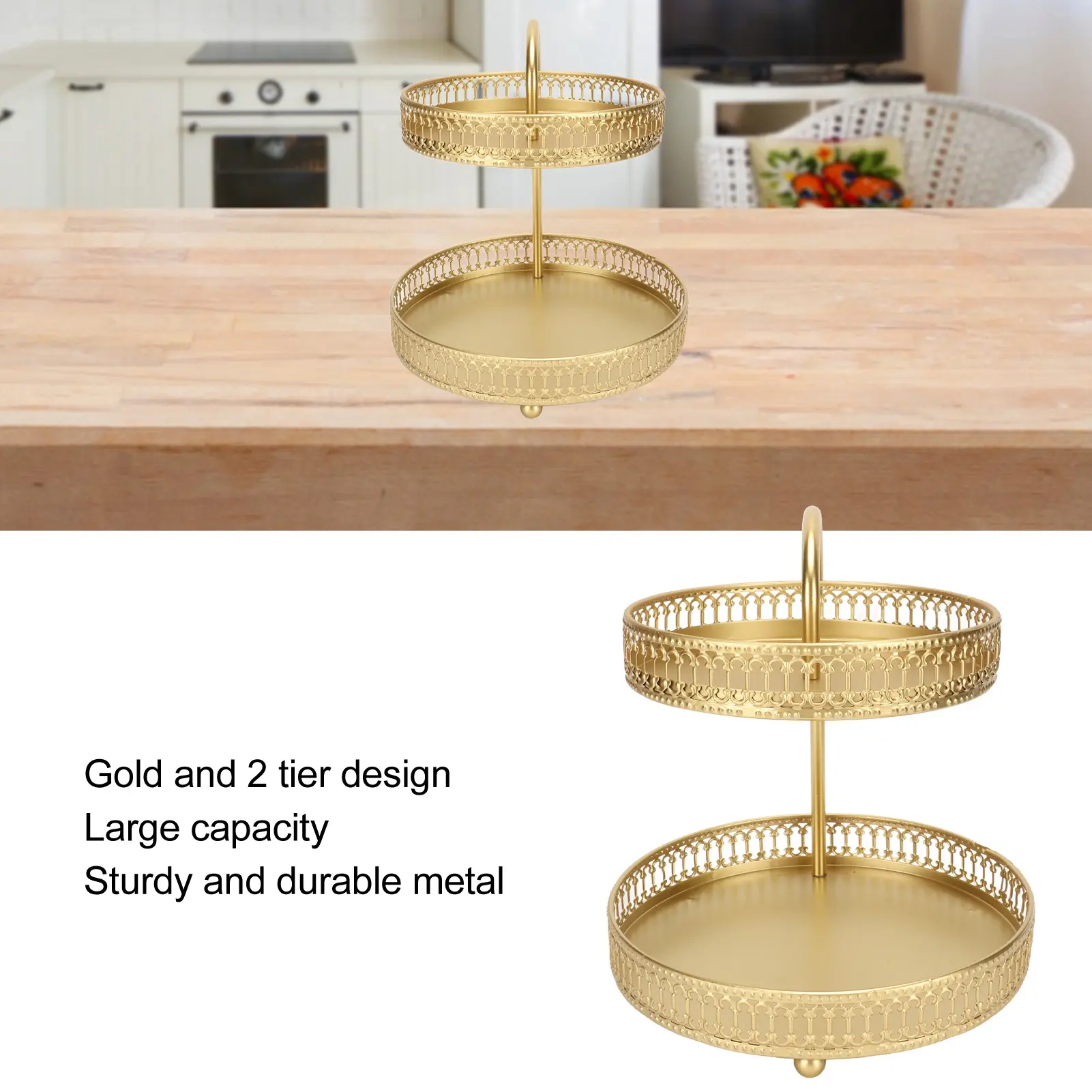 2 Tier Fruit Tray Gold Elegant Large Capacity Decorative Multi Purpose Cupcake Stand for Home Party Kitchen Fruit Serving Tray