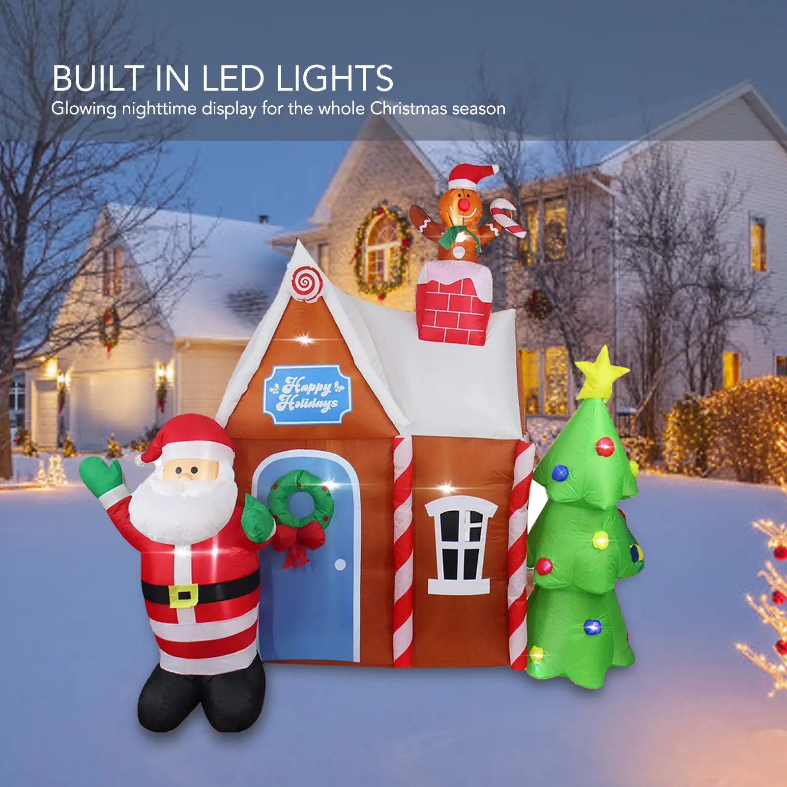 Christmas Inflatable Gingerbread House Inflatable Christmas Tree House LED Luminous House Garden Inflatable Model Decoration