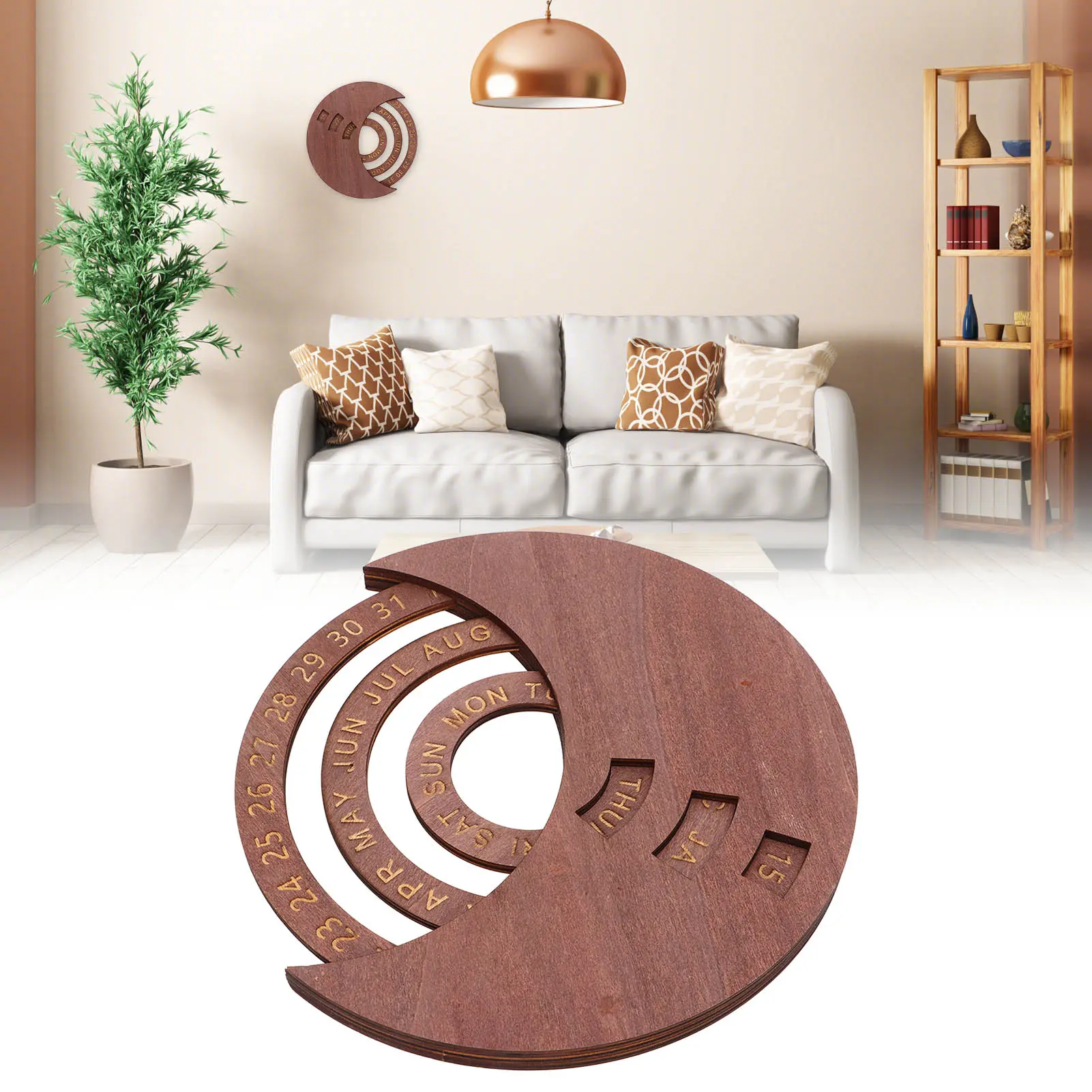 Wooden Disc Calendar Rotatable Disc Vintage  Rotatable Disks Calendar Perfect Decoration Dark Brown Natural Wood for Home