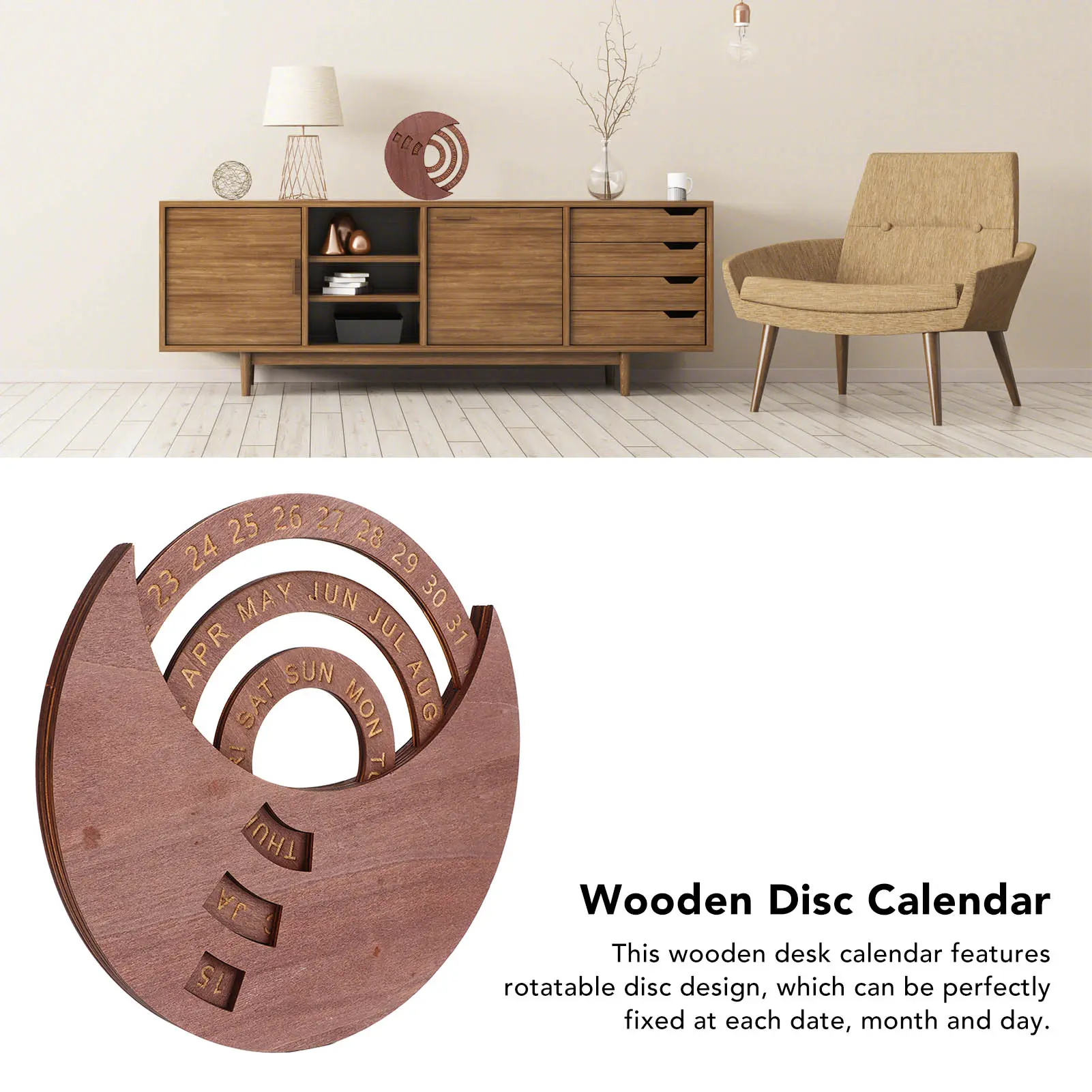 Wooden Disc Calendar Rotatable Disc Vintage  Rotatable Disks Calendar Perfect Decoration Dark Brown Natural Wood for Home